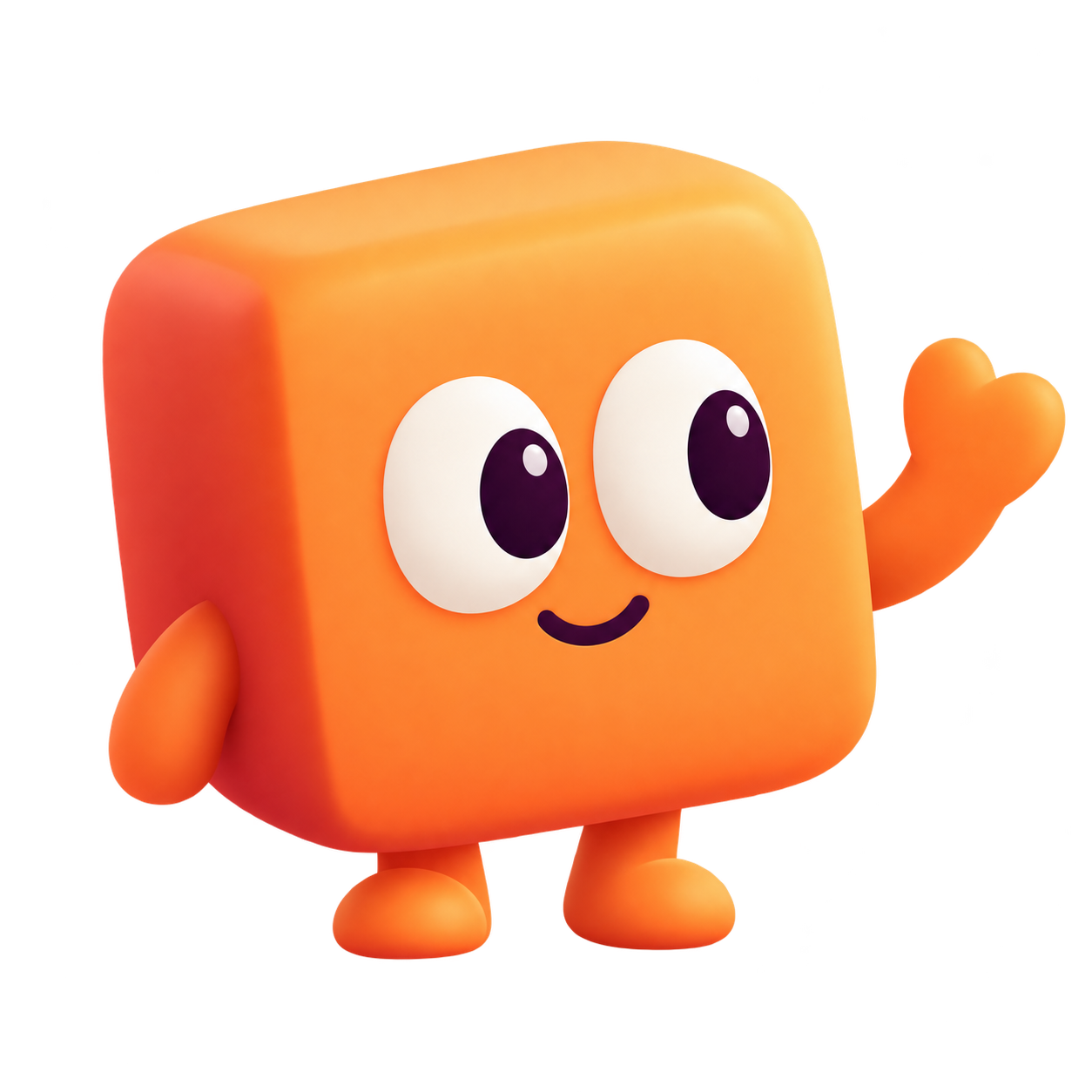 A friendly orange cube with two eyes waving hello